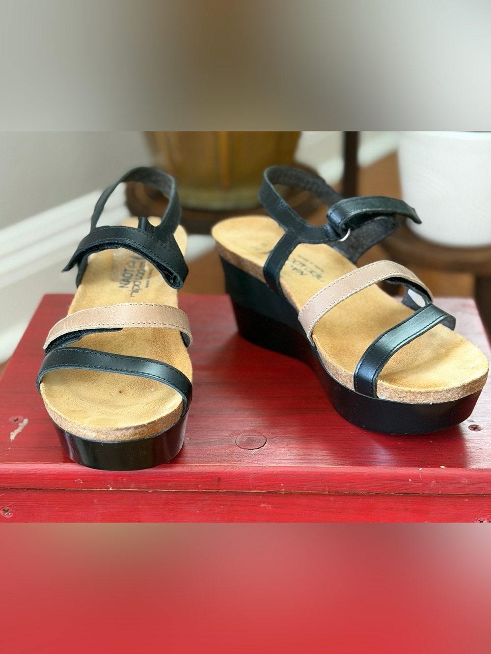 Naot Two-Tone Black and Tan Wedge Sandals